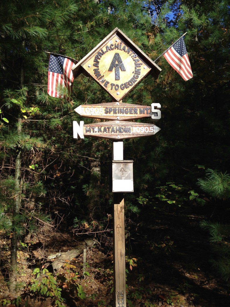Gorgeous, hand-crafted wooden mid-point sign on the trail