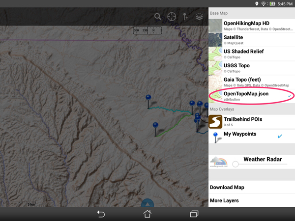 —find the custom map source in the Layers menu after import