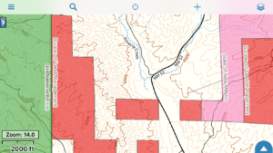 The updated public lands layer at zoom level 14. The image shows labels for Bureau of Land Management and State of New Mexico lands, as well as Gila National Forest.