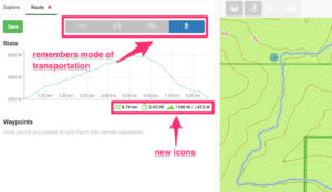 The route maker displays new icons for distance and elevation.
