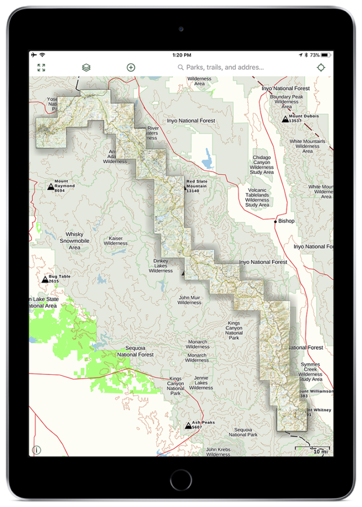 gaia gps john muir trail map preview on ipad