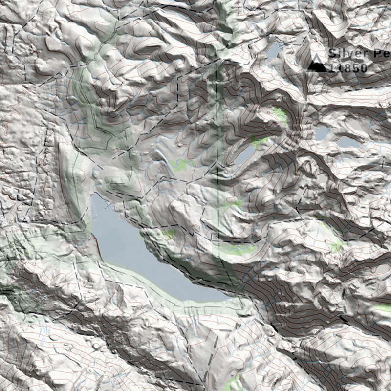 a map showing shaded relief of a mountainous region in the US