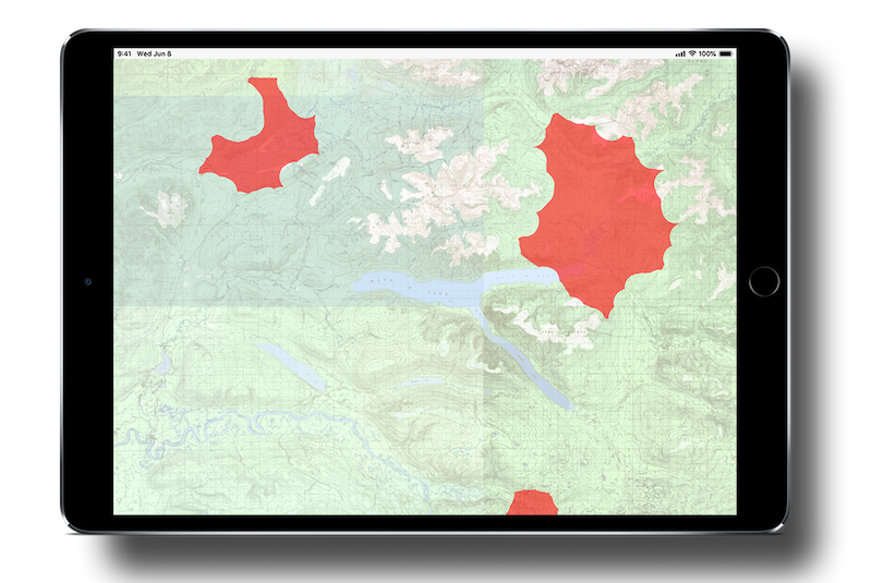 An ipad display, showing the Current Wildfires overlay in the Gaia GPS app