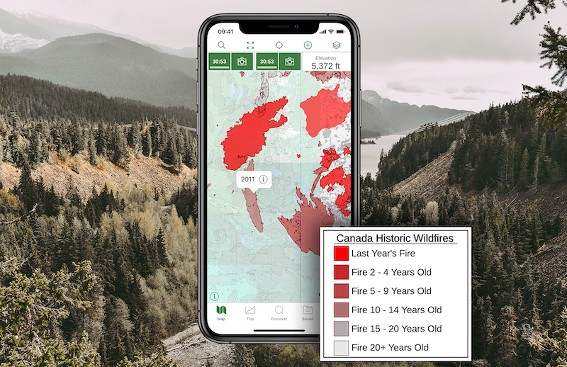 one example of the canada historical wildfires overlay and corresponding map legend