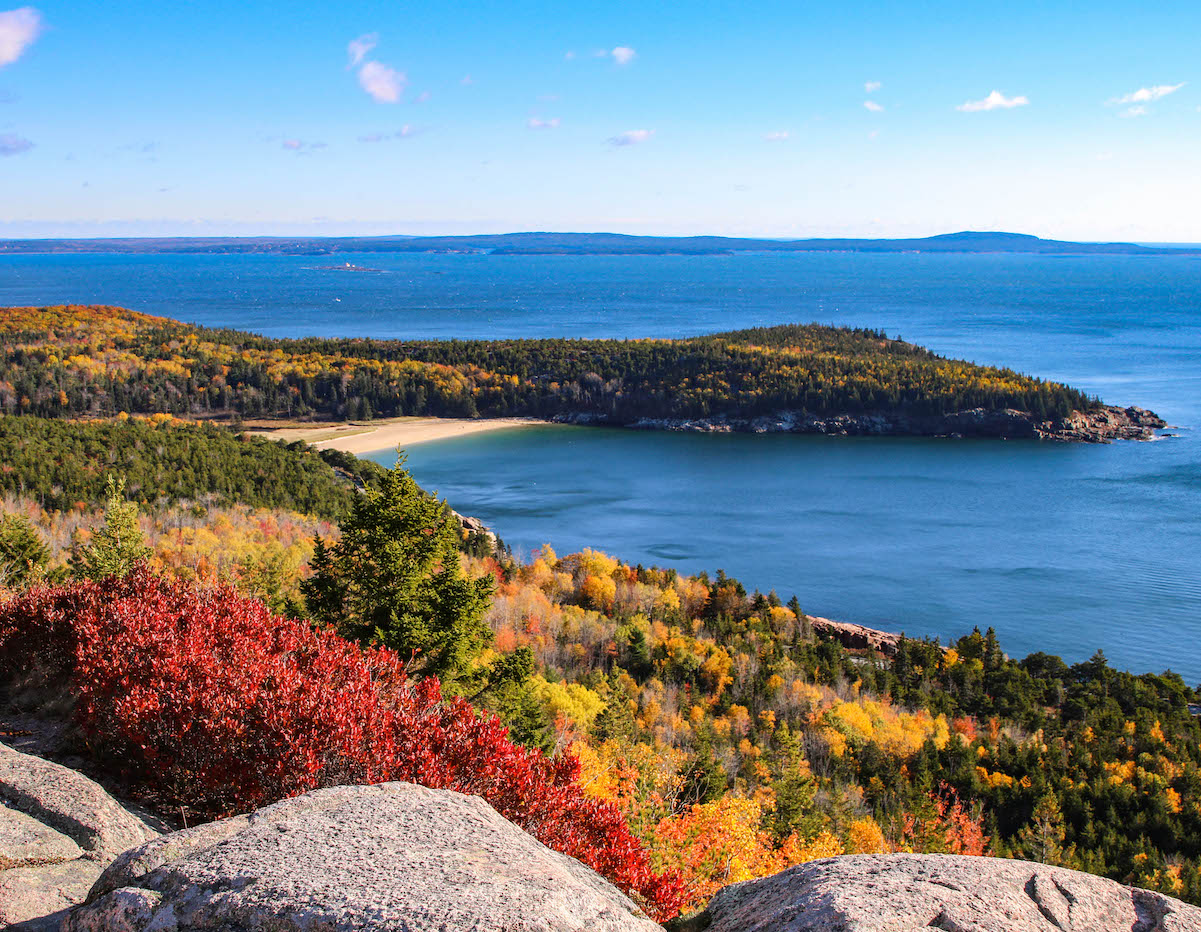 Overlook of Maine's Atlantic coast with fall foliage in the foreground