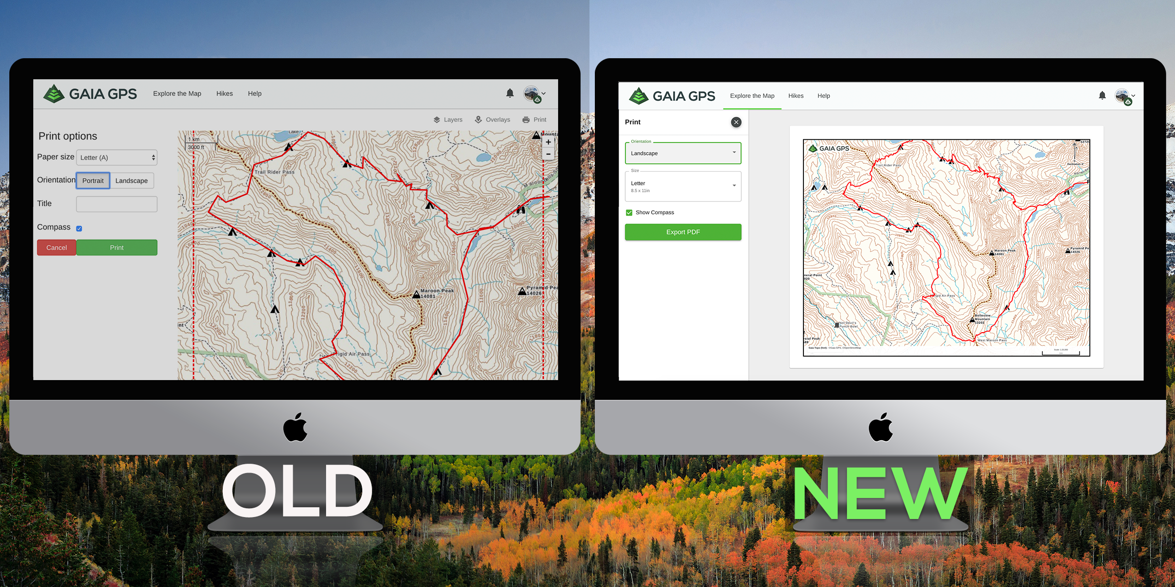 Two screens showing a comparison of the new versus old print preview screen. New print preview shows entire map selection and mock-up of paper map.