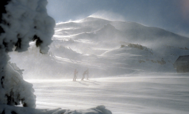 hikers in a blizzard with low visibility 