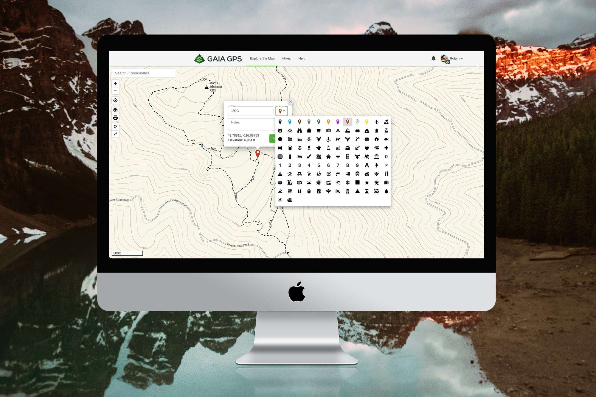 Screen featuring the Gaia GPS main map with new waypoint icons available.