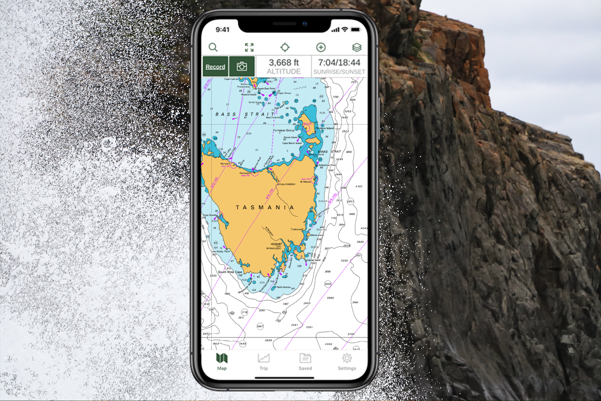 Tasmania nautical map displayed on iPhone interface with ocean background.