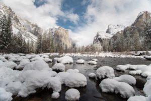 Yosemite Valley with a blanket of snow and it's famous El Capitain monolith in the background.