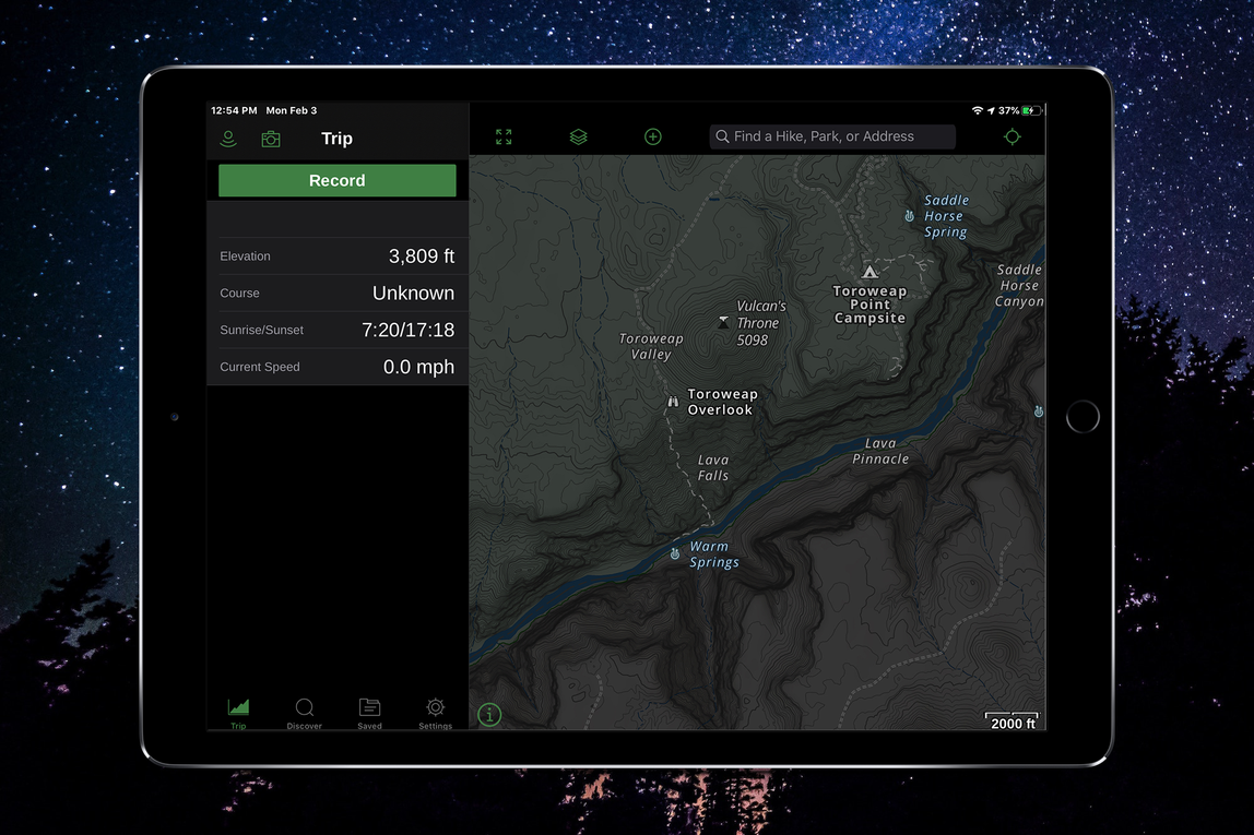 A tablet screen operating in dark mode with topographical maps shown in dark colors and writing shown in light colors.  The tablet screen is set against a dark night sky with stars.  