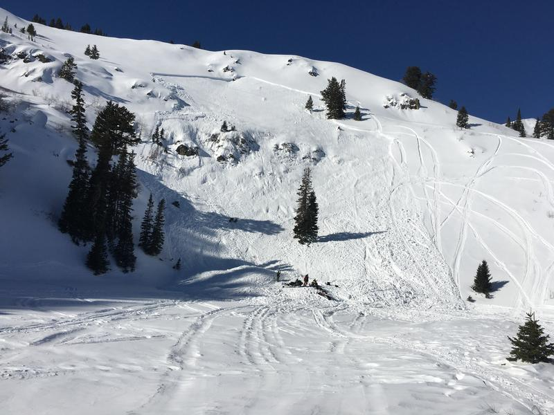 photo of avalanche with terrain trap beneath it.