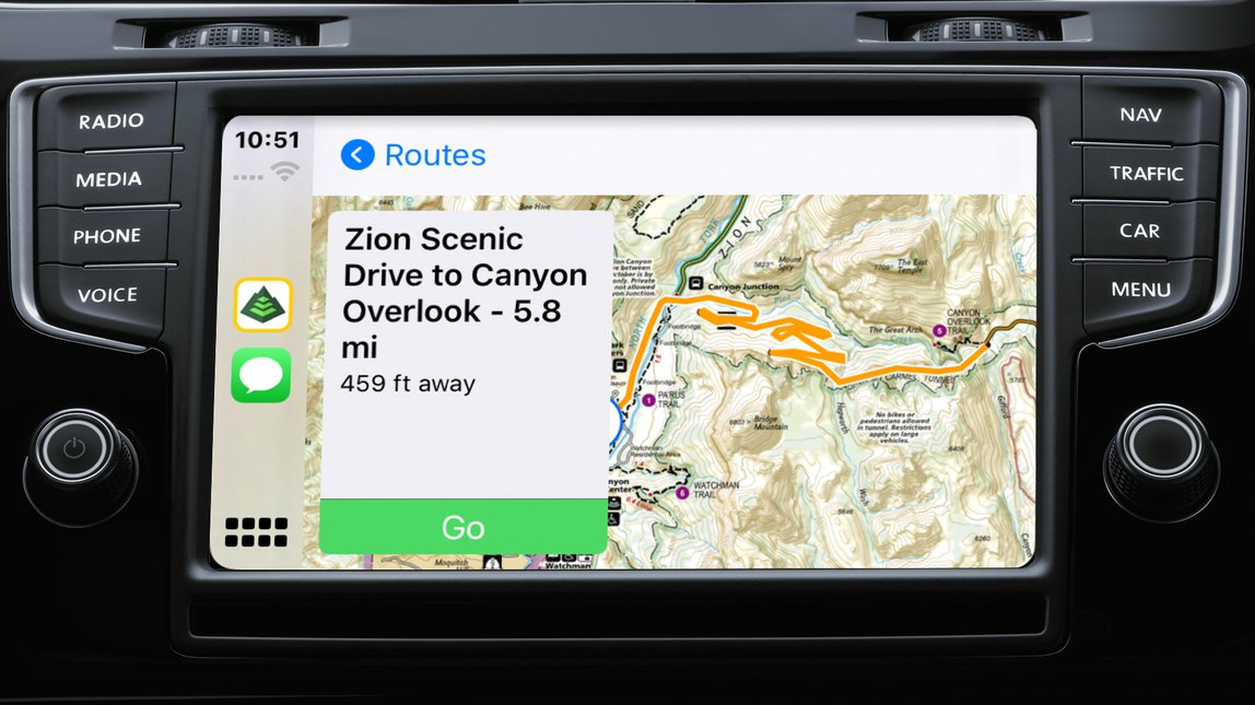 A National Geographic map displayed on a vehicle dashboard screen, showing directions to Zion Scenic Drive.