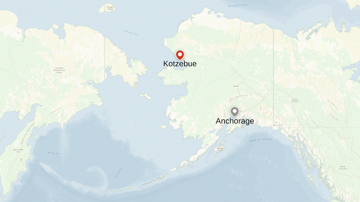 A map of Alaska with Anchorage and Kotzebue marked for reference. 