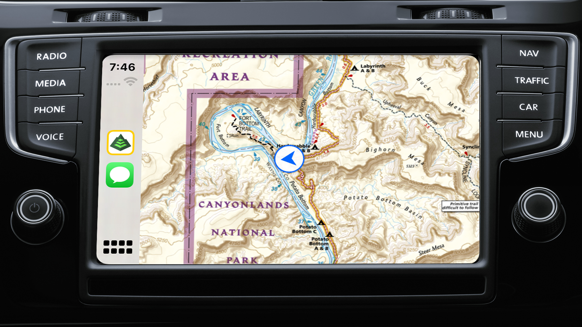 Dashboard navigation screen displaying the National Geographic Trails illustrated map.  