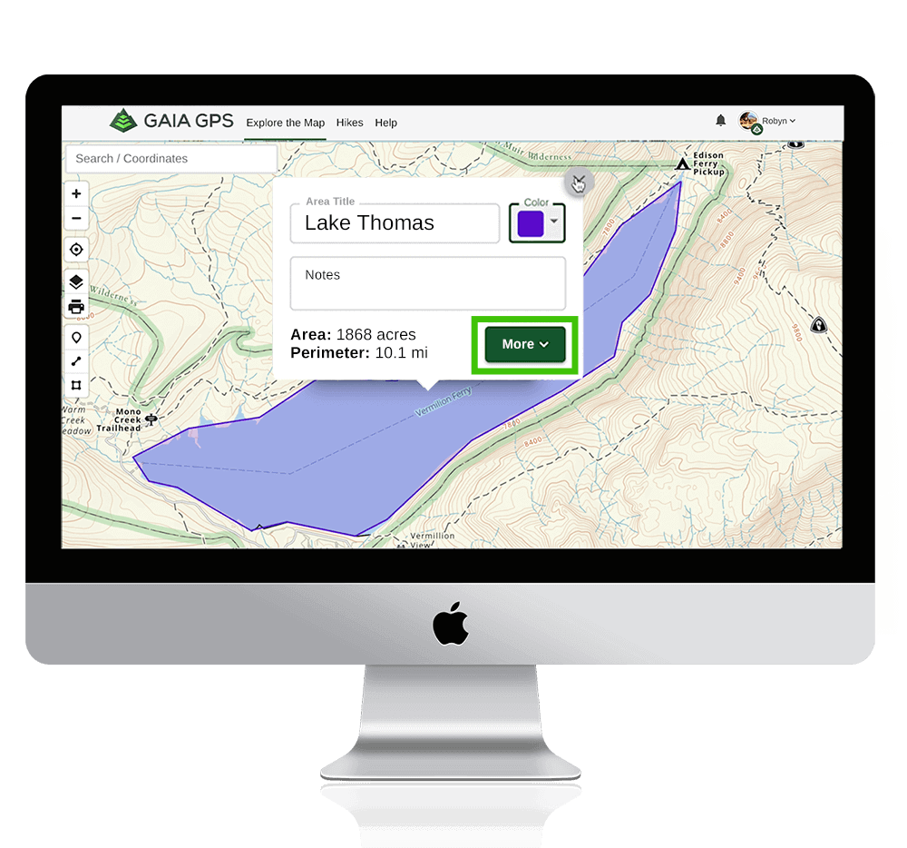 Web map land measurement highlighted in purple with "Lake Thomas" label over the area