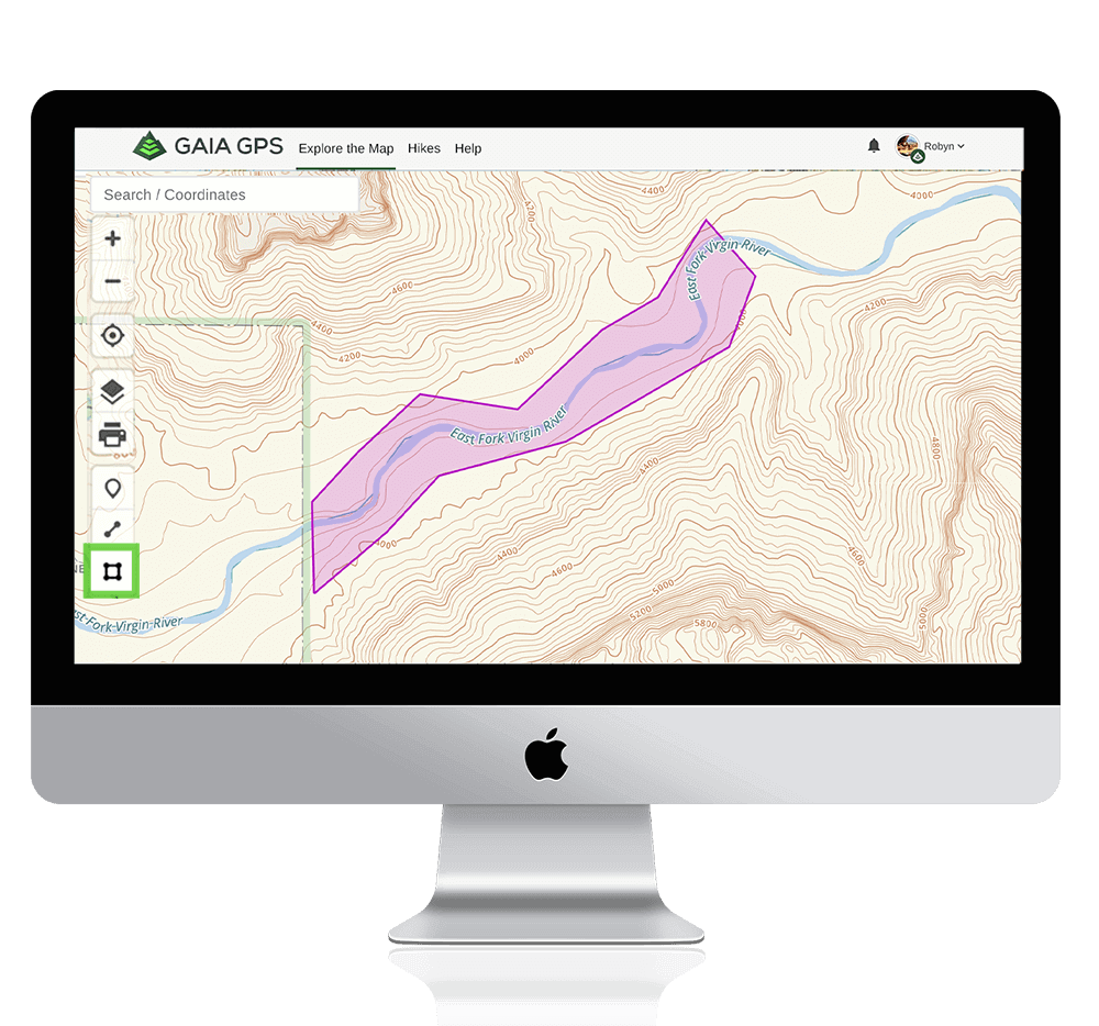 Land measurement of river highlighted in purple. 