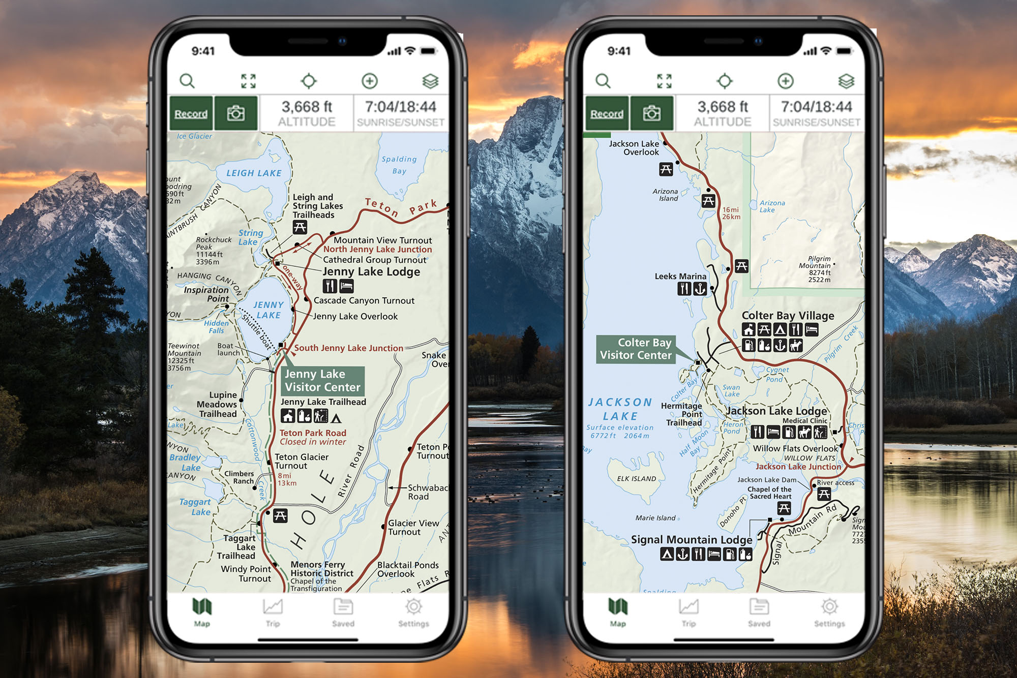 Two iPhones displaying NPS Visitor map of Grand Teton National Park