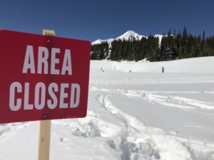 A closed area sign at Big Sky ski resort in Montana.