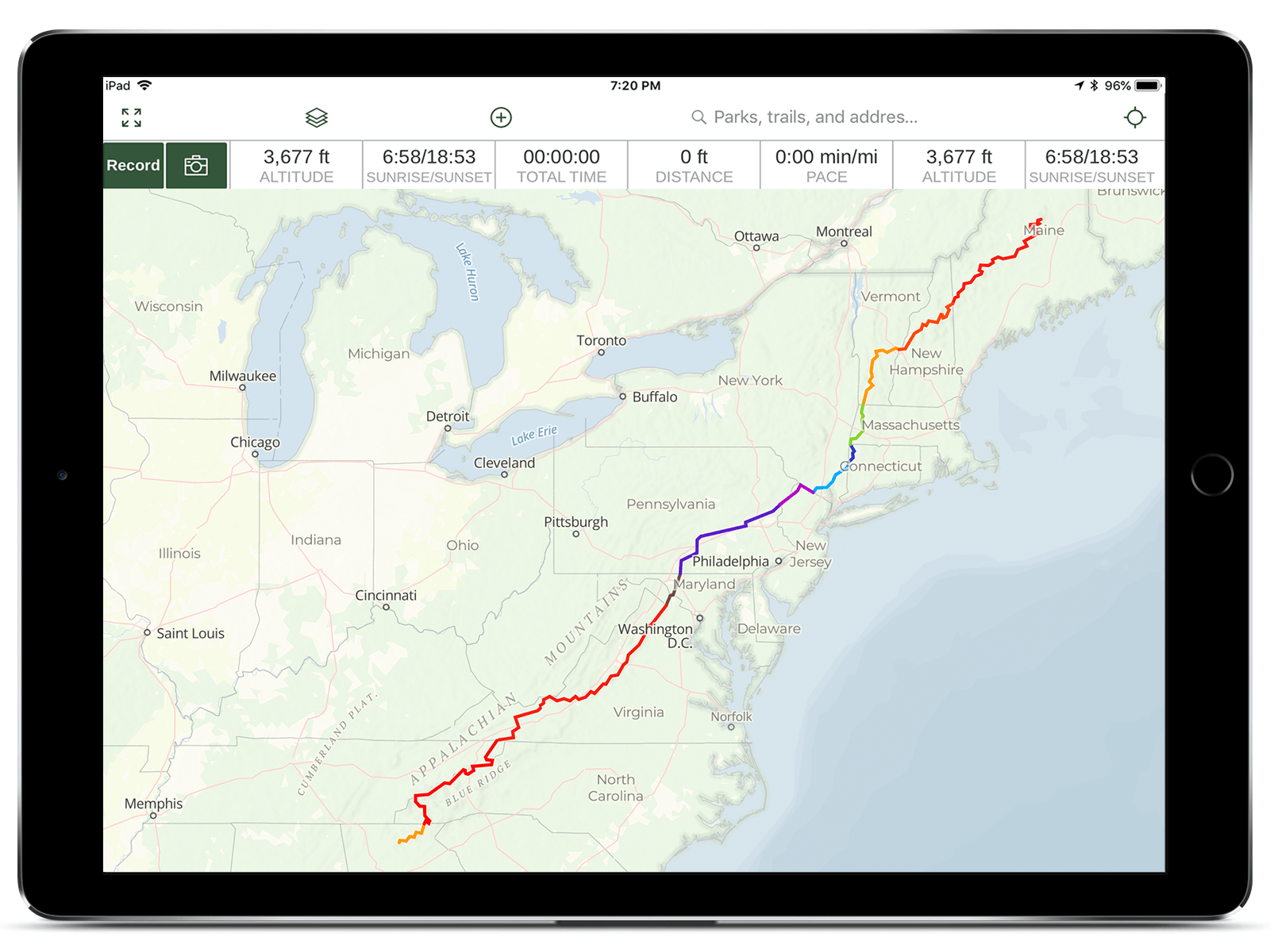 Appalachian Trail route pictured on Gaia GPS map