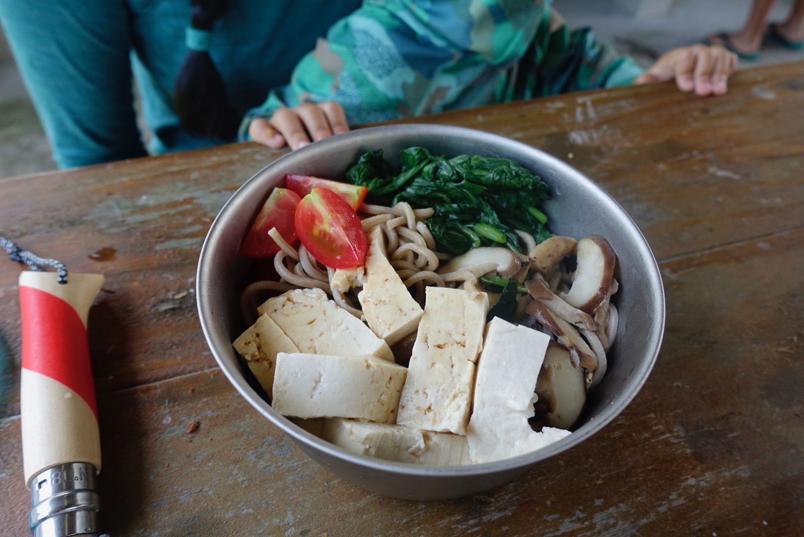 A close up shows a bowl of soba noodles topped with steamed spinach, mushrooms, and tofu, and diced cherry tomatoes.