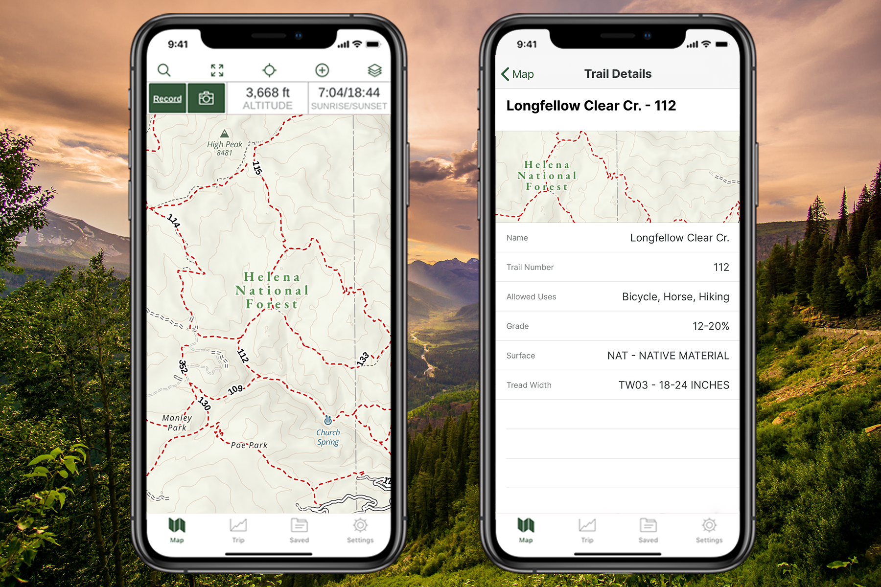 Two mobile phone screen shots of the updated USFS layer in Gaia GPS show the allowed uses for trails in Helena National Forest, as well as the surface material and tread width needed for vehicles. 
