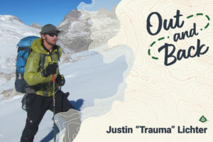 The Out and Back podcast logo is superimposed over a photo of Justin Lichter backcountry skiing.
