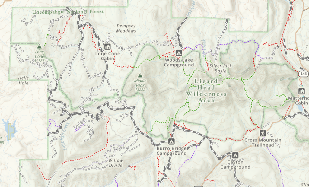 USFS Topo map of Lizard head Wilderness Area