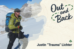 The Out and Back podcast logo is superimposed over an image of Justin Lichter backcountry skiing.