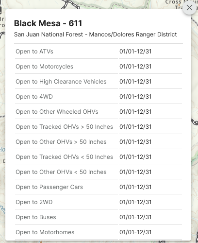 pop up indicating vehicle use for Black Mesa - 611 road