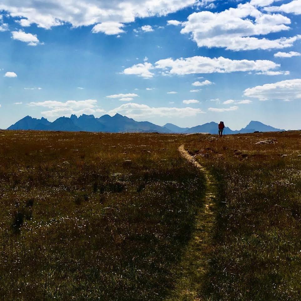 A backpacker hikes down a trail through a meadow, towards tall peaks on the horizon.