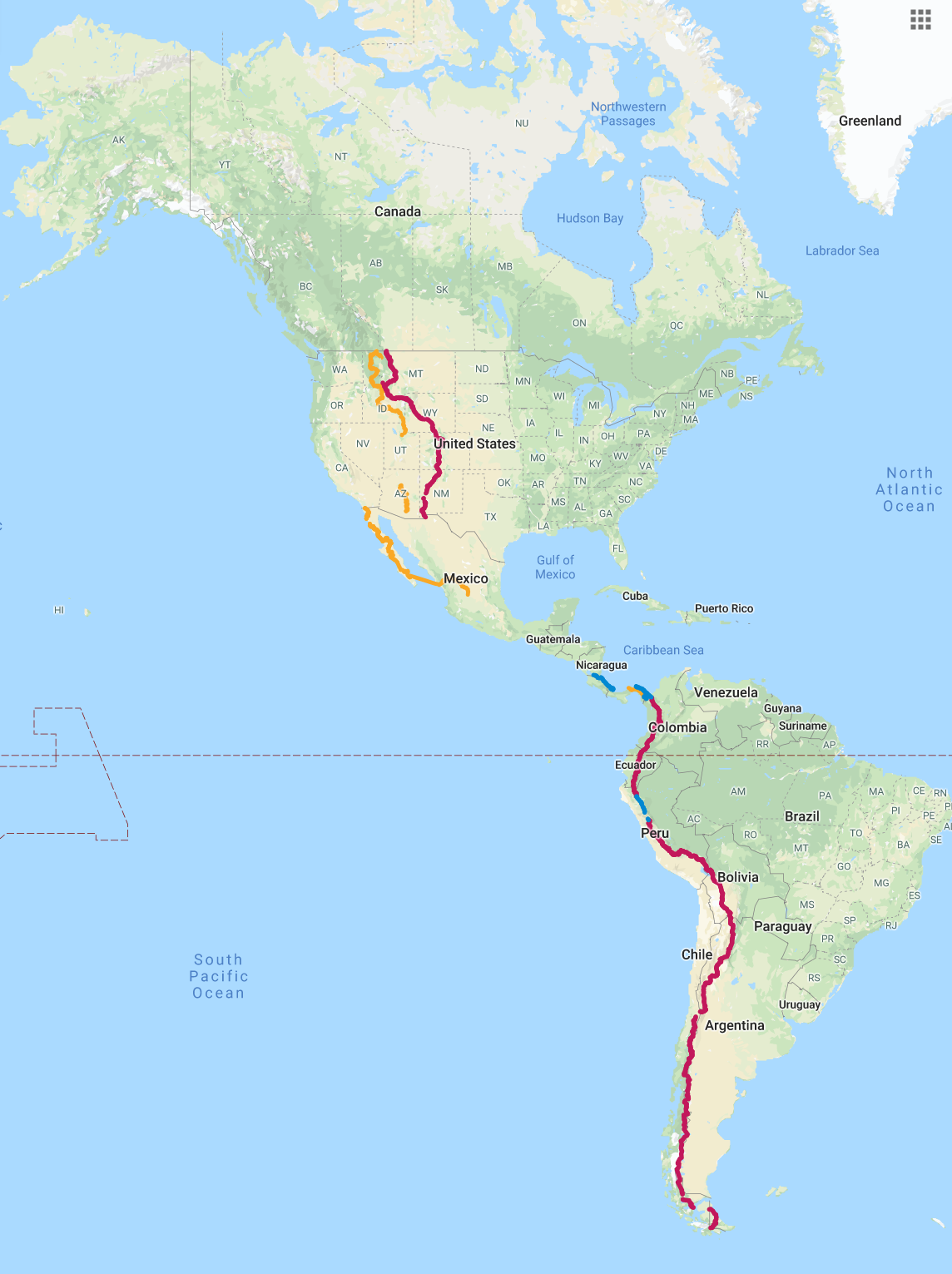 A map of the Her Odyssey route to date shows the path Fidgit and Neon took to backpack, bike-pack, and kayak across South and Central America and the US.