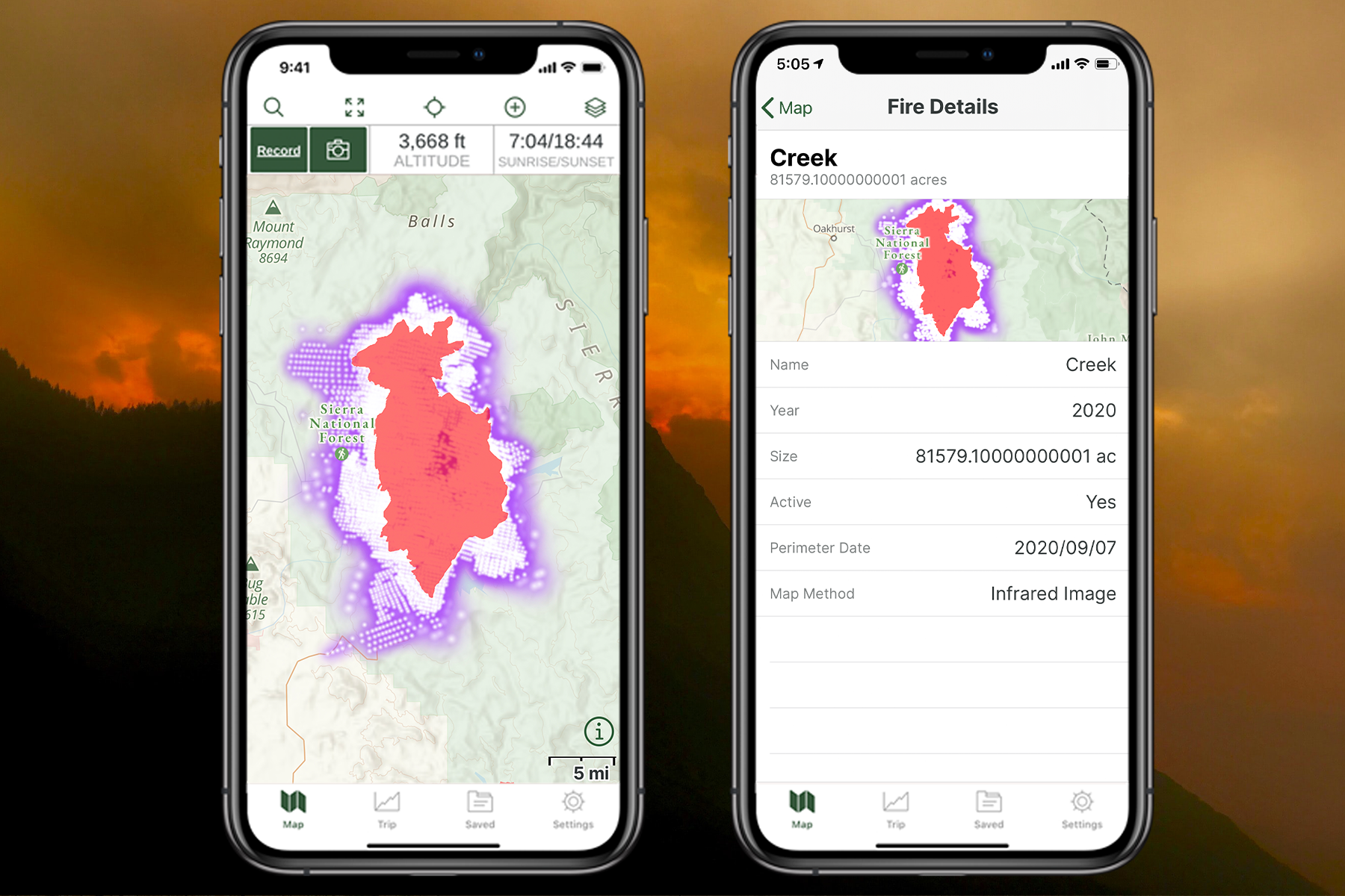 A screenshot of the Wildfires (Satellite Detections) and (Current) map layers in the Gaia GPS app shows where a wildfire is located, its name, the year, size, status, perimeter date, and map method.