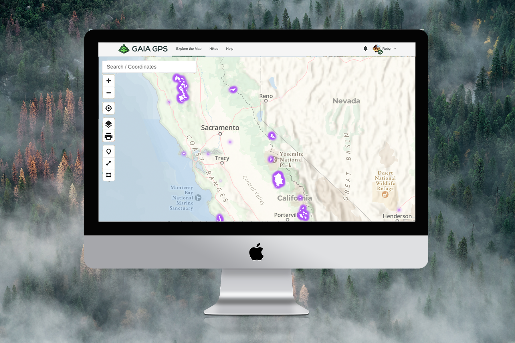 A screenshot of the Wildfires (Satellite Detections) map layer on the Gaia GPS website shows the locations of wildfires in purple shading throughout California. 