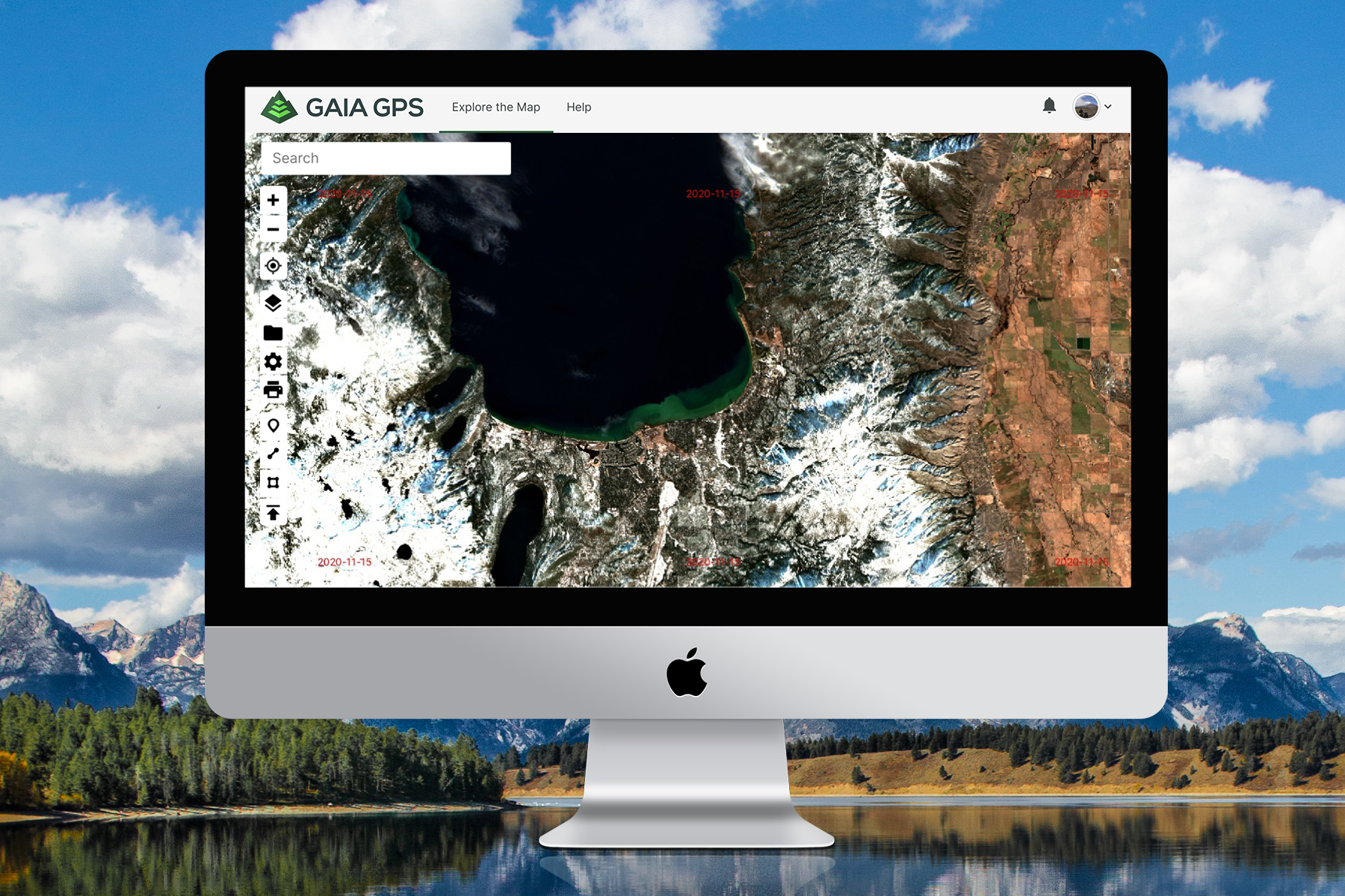 A computer screenshot of the FreshSat - CloudFree satellite image shows snow around lake Tahoe.
