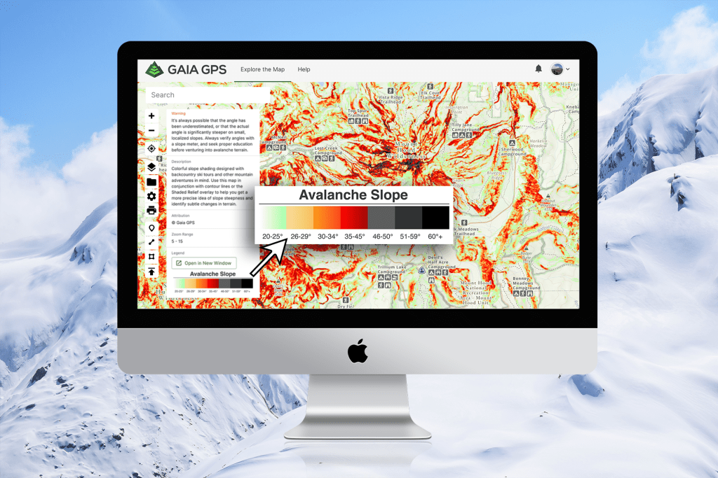 A desktop screenshot shows the color variations for slope angles on the Avalanche Slope Angle map.