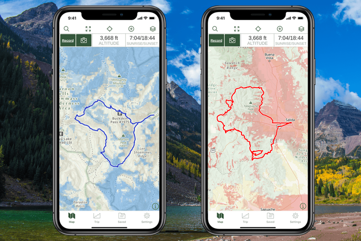 Two iPhone screenshots show cell phone coverage maps for AT&T and Verizon over the course of a route on the map.