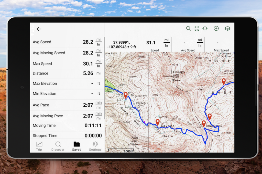 USGS map image on tablet with route and route stats showing