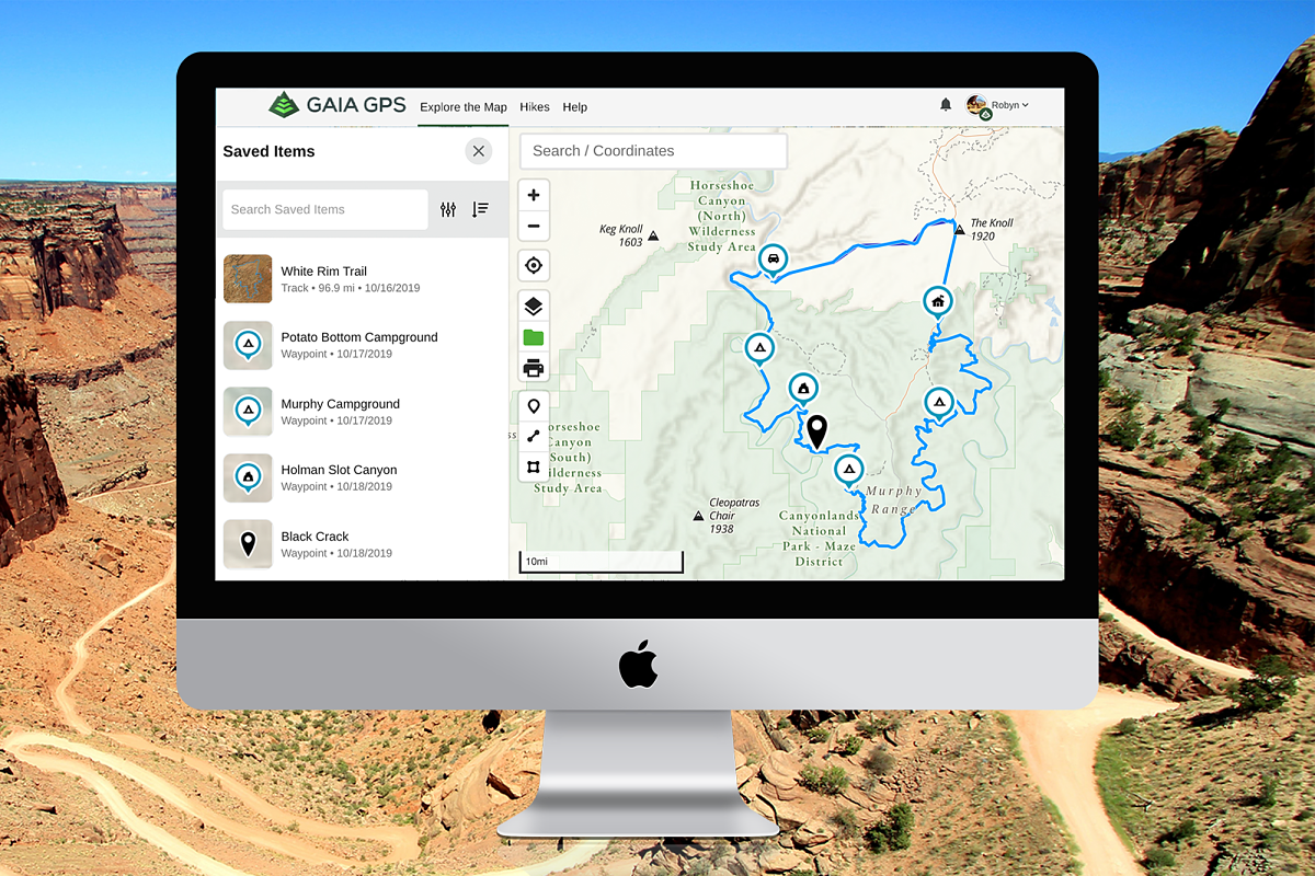 A desktop screenshot shows a route mapped out in Gaia GPS with campgrounds and waypoints along the way.