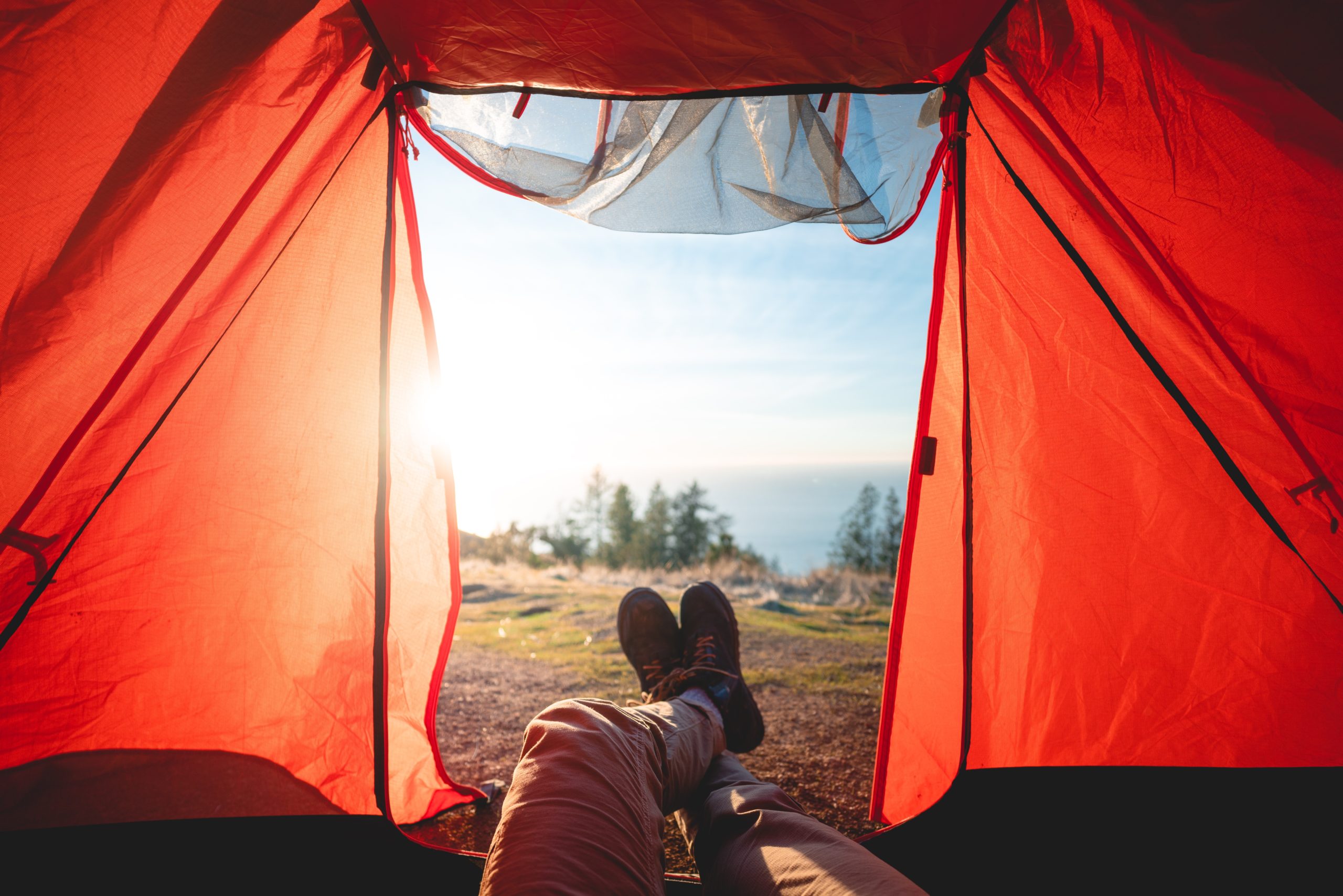 Feet poke out of a tent. Pine trees and the ocean are visible in the distance.
