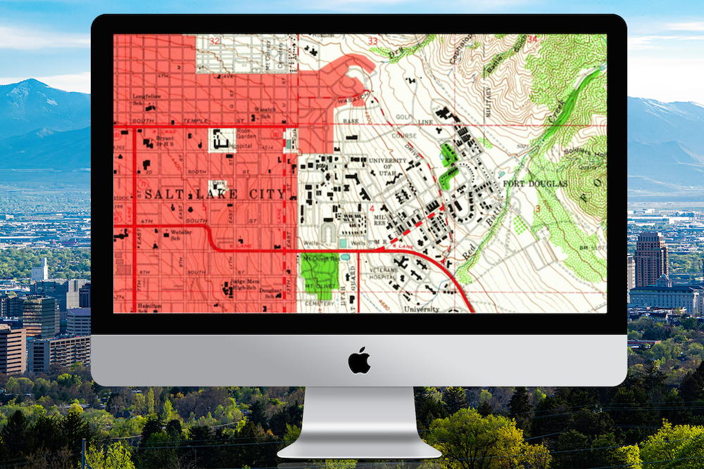 iMac displaying Gaia GPS map of Salt Lake City, USGS Historic Topo 1960