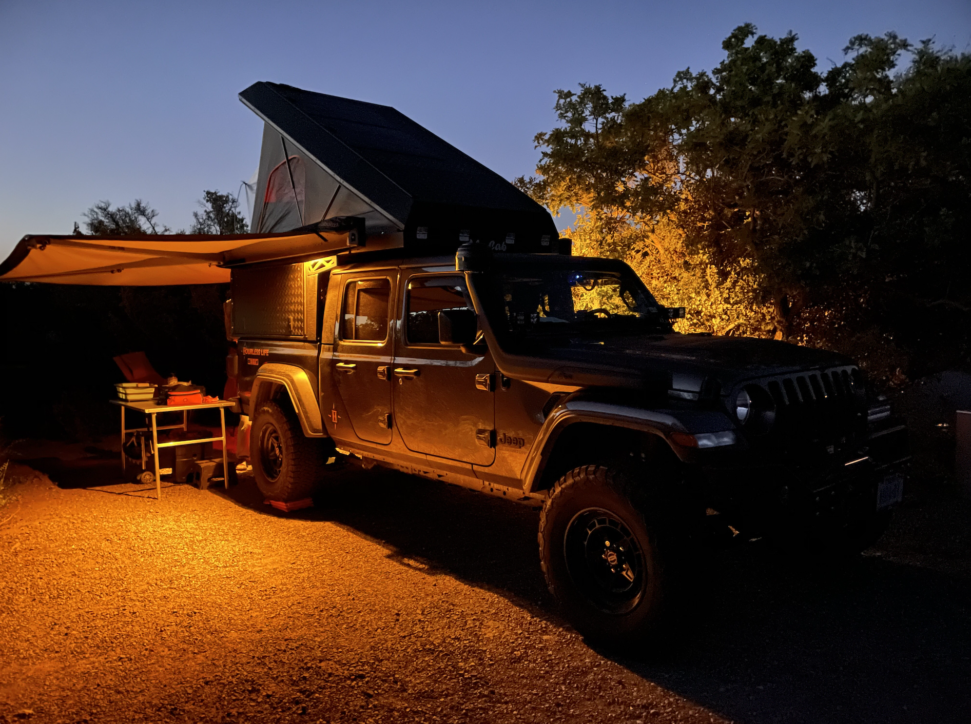 Hourless Life's rig: a jeep with a pop up tent. 
