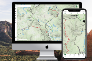 desktop and iphone showing Trailforks in Gaia GPS.